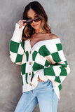 LC271943-9-S, LC271943-9-M, LC271943-9-L, LC271943-9-XL, LC271943-9-2XL, Green Contrast Checkered Print Button Up Sweater Cardigan 