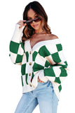 LC271943-9-S, LC271943-9-M, LC271943-9-L, LC271943-9-XL, LC271943-9-2XL, Green Contrast Checkered Print Button Up Sweater Cardigan 