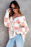 LC271943-10-S, LC271943-10-M, LC271943-10-L, LC271943-10-XL, LC271943-10-2XL, Pink Contrast Checkered Print Button Up Sweater Cardigan 