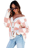 LC271943-10-S, LC271943-10-M, LC271943-10-L, LC271943-10-XL, LC271943-10-2XL, Pink Contrast Checkered Print Button Up Sweater Cardigan 