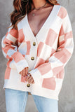 LC271943-10-S, LC271943-10-M, LC271943-10-L, LC271943-10-XL, LC271943-10-2XL, Pink Contrast Checkered Print Button Up Sweater Cardigan 