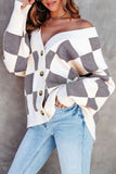 Contrast Checkered Print Button Up Sweater Cardigan