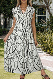 LC6115406-1-S, LC6115406-1-M, LC6115406-1-L, LC6115406-1-XL, White Abstract Vein Print V Neck Ruffle Maxi Dress