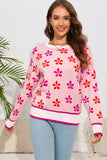 LC2722988-10-S, LC2722988-10-M, LC2722988-10-L, LC2722988-10-XL, Pink Flower Print Crew Neck Sweater