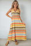 LC6115388-19-S, LC6115388-19-M, LC6115388-19-L, LC6115388-19-XL, Stripe Tie Straps Loose V Neck Maxi Dress