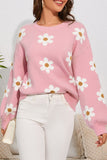 LC2722985-10-S, LC2722985-10-M, LC2722985-10-L, LC2722985-10-XL, Pink Floral Pattern Drop Shoulder Sweater