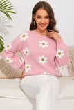 LC2722985-10-S, LC2722985-10-M, LC2722985-10-L, LC2722985-10-XL, Pink Floral Pattern Drop Shoulder Sweater