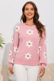 LC2722985-10-S, LC2722985-10-M, LC2722985-10-L, LC2722985-10-XL, Pink Floral Pattern Drop Shoulder Sweater