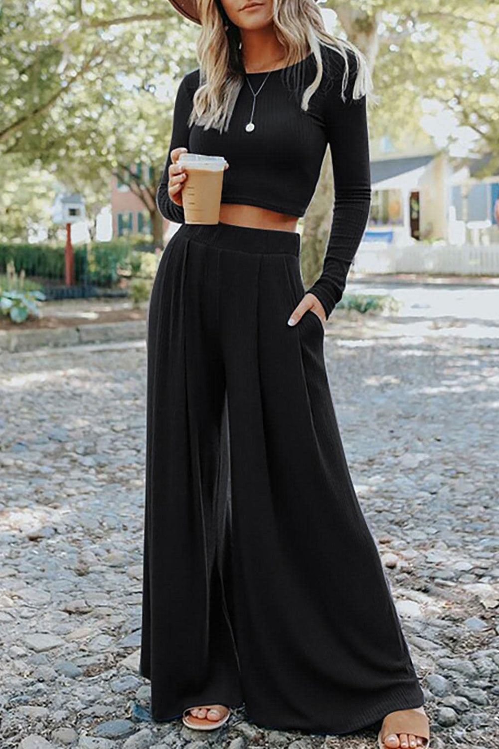 LC625150-2-S, LC625150-2-M, LC625150-2-L, LC625150-2-XL, Black Solid Color Ribbed Crop Top Long Pants Set