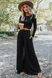LC625150-2-S, LC625150-2-M, LC625150-2-L, LC625150-2-XL, Black Solid Color Ribbed Crop Top Long Pants Set
