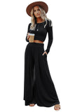 LC625150-2-S, LC625150-2-M, LC625150-2-L, LC625150-2-XL, Black Solid Color Ribbed Crop Top Long Pants Set
