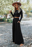 LC625150-2-S, LC625150-2-M, LC625150-2-L, LC625150-2-XL, Black Solid Color Ribbed Crop Top Long Pants Set