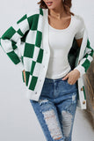 LC271943-9-S, LC271943-9-M, LC271943-9-L, LC271943-9-XL, LC271943-9-2XL, Green Contrast Checkered Print Button Up Sweater Cardigan 