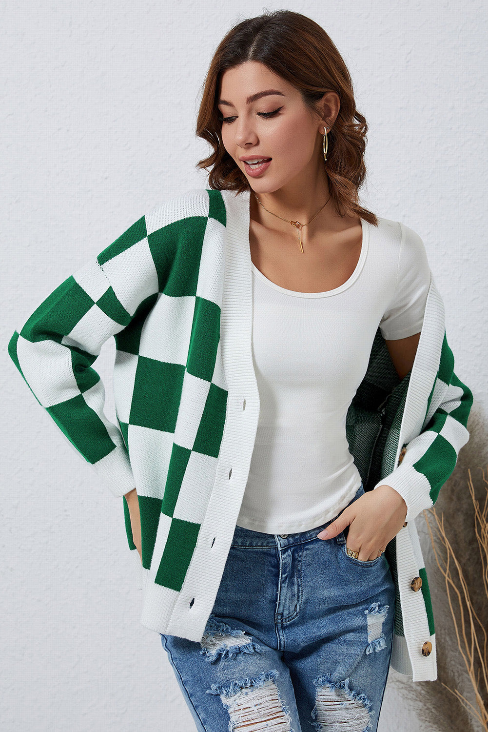 LC271943-9-S, LC271943-9-M, LC271943-9-L, LC271943-9-XL, LC271943-9-2XL, Green Contrast Checkered Print Button Up Sweater Cardigan 