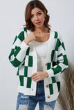 LC271943-9-S, LC271943-9-M, LC271943-9-L, LC271943-9-XL, LC271943-9-2XL, Green Contrast Checkered Print Button Up Sweater Cardigan 