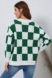 LC271943-9-S, LC271943-9-M, LC271943-9-L, LC271943-9-XL, LC271943-9-2XL, Green Contrast Checkered Print Button Up Sweater Cardigan 