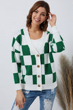 LC271943-9-S, LC271943-9-M, LC271943-9-L, LC271943-9-XL, LC271943-9-2XL, Green Contrast Checkered Print Button Up Sweater Cardigan 