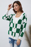 LC271943-9-S, LC271943-9-M, LC271943-9-L, LC271943-9-XL, LC271943-9-2XL, Green Contrast Checkered Print Button Up Sweater Cardigan 