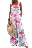 Women's Flamingo Flower Print Wide Leg Casual Jumpsuits