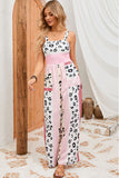 LC6411870-3-S, LC6411870-3-M, LC6411870-3-L, LC6411870-3-XL, Red Leopard Color Block Mix Print Pocketed Jumpsuit