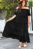 PL61518-2-1X, PL61518-2-2X, PL61518-2-3X, Black Plus Size Smocked Off Shoulder Frill Tiered Maxi Dress