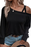LC25122494-2-S, LC25122494-2-M, LC25122494-2-L, LC25122494-2-XL, Black One Shoulder Long Sleeve Shift Blouse