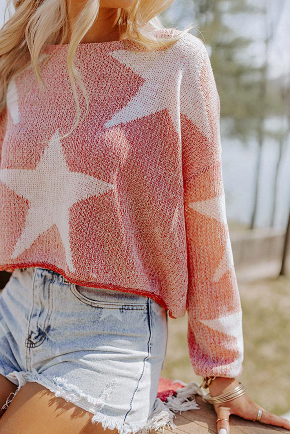LC2723061-3-S, LC2723061-3-M, LC2723061-3-L, LC2723061-3-XL, Red Big Star Spangled Casual Knit Sweater