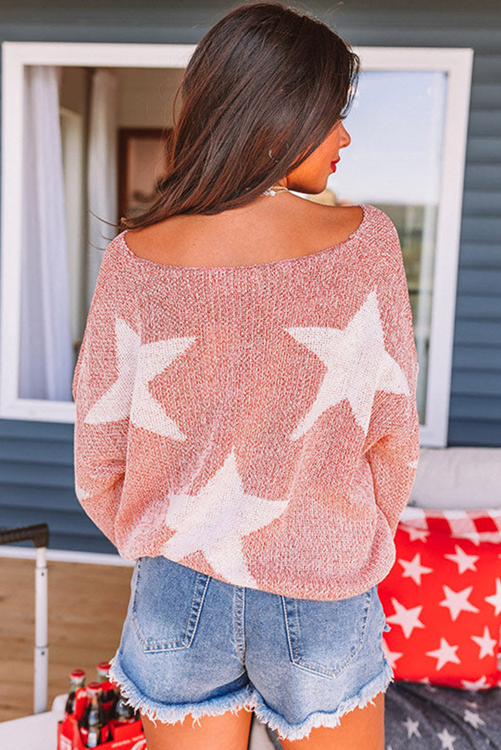 LC2723061-3-S, LC2723061-3-M, LC2723061-3-L, LC2723061-3-XL, Red Big Star Spangled Casual Knit Sweater