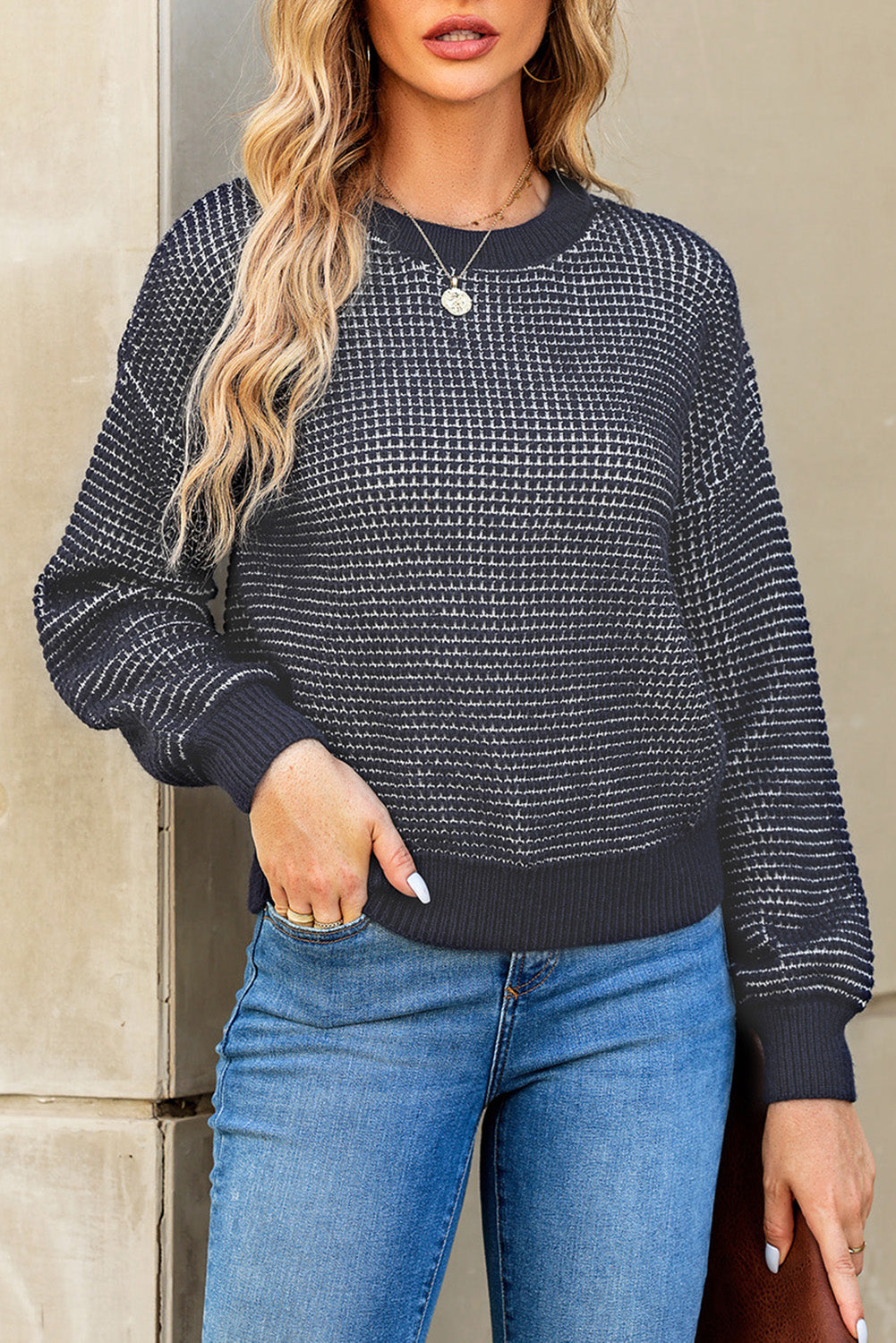 LC2722915-2-S, LC2722915-2-M, LC2722915-2-L, LC2722915-2-XL, LC2722915-2-2XL, Black Heathered Knit Drop Shoulder Puff Sleeve Sweater