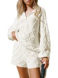 Women's Half Zip Cable Knit Pullover Top and Shorts Pant Lounge Sets