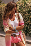 LC271985-10-S, LC271985-10-M, LC271985-10-L, LC271985-10-XL, Pink Ribbed Short Sleeve Ombre Eyelet Knitted Cardigan
