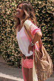 LC271985-10-S, LC271985-10-M, LC271985-10-L, LC271985-10-XL, Pink Ribbed Short Sleeve Ombre Eyelet Knitted Cardigan