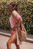 LC271985-10-S, LC271985-10-M, LC271985-10-L, LC271985-10-XL, Pink Ribbed Short Sleeve Ombre Eyelet Knitted Cardigan