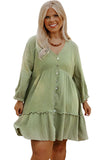 PL61787-9-1X, PL61787-9-2X, PL61787-9-3X, Green Textured Ruffled Buttoned V Neck Plus Size Mini Dress