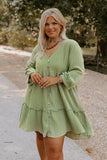 PL61787-9-1X, PL61787-9-2X, PL61787-9-3X, Green Textured Ruffled Buttoned V Neck Plus Size Mini Dress
