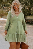 PL61787-9-1X, PL61787-9-2X, PL61787-9-3X, Green Textured Ruffled Buttoned V Neck Plus Size Mini Dress