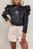 Women's Sequin Mock Neck Bubble Sleeve Top