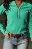LC25121882-9-S, LC25121882-9-M, LC25121882-9-L, LC25121882-9-XL, LC25121882-9-2XL, Green Trimmed Neckline Waffle Knit Henley Top
