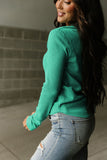 LC25121882-9-S, LC25121882-9-M, LC25121882-9-L, LC25121882-9-XL, LC25121882-9-2XL, Green Trimmed Neckline Waffle Knit Henley Top