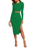 Women's 2 Piece Outfits Set Long Sleeve Crop Top Bodycon Slit Midi Skirt Sets