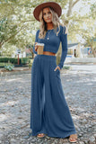 LC625150-5-S, LC625150-5-M, LC625150-5-L, LC625150-5-XL, Blue Solid Color Ribbed Crop Top Long Pants Set