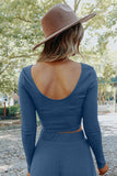 LC625150-5-S, LC625150-5-M, LC625150-5-L, LC625150-5-XL, Blue Solid Color Ribbed Crop Top Long Pants Set
