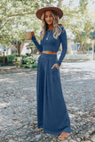 LC625150-5-S, LC625150-5-M, LC625150-5-L, LC625150-5-XL, Blue Solid Color Ribbed Crop Top Long Pants Set