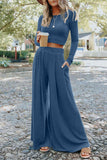 LC625150-5-S, LC625150-5-M, LC625150-5-L, LC625150-5-XL, Blue Solid Color Ribbed Crop Top Long Pants Set