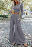LC625150-11-S, LC625150-11-M, LC625150-11-L, LC625150-11-XL, Gray Solid Color Ribbed Crop Top Long Pants Set