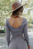 LC625150-11-S, LC625150-11-M, LC625150-11-L, LC625150-11-XL, Gray Solid Color Ribbed Crop Top Long Pants Set