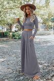 LC625150-11-S, LC625150-11-M, LC625150-11-L, LC625150-11-XL, Gray Solid Color Ribbed Crop Top Long Pants Set