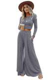 LC625150-11-S, LC625150-11-M, LC625150-11-L, LC625150-11-XL, Gray Solid Color Ribbed Crop Top Long Pants Set