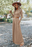 LC625150-18-S, LC625150-18-M, LC625150-18-L, LC625150-18-XL, Apricot Solid Color Ribbed Crop Top Long Pants Set