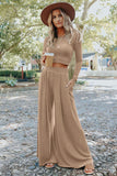 LC625150-18-S, LC625150-18-M, LC625150-18-L, LC625150-18-XL, Apricot Solid Color Ribbed Crop Top Long Pants Set